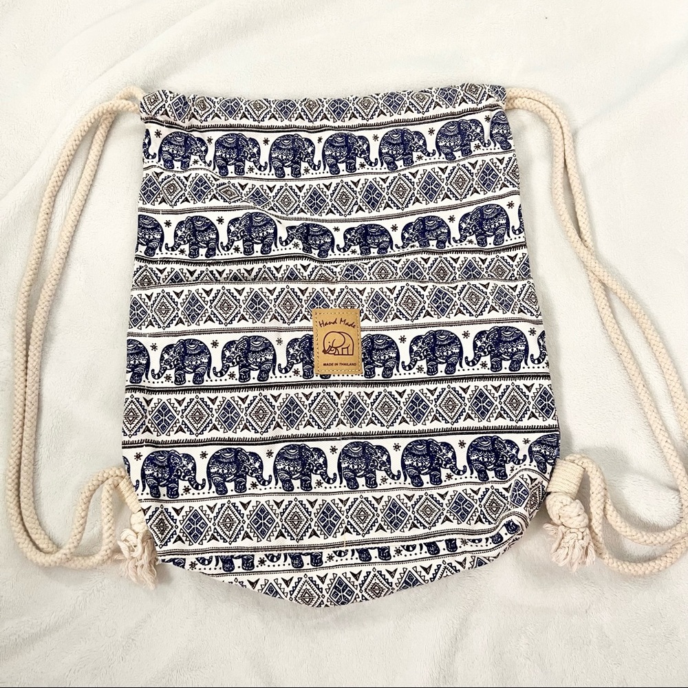 NWOT Handmade Draw String Backpack with beautiful elephant motif 🐘🎒